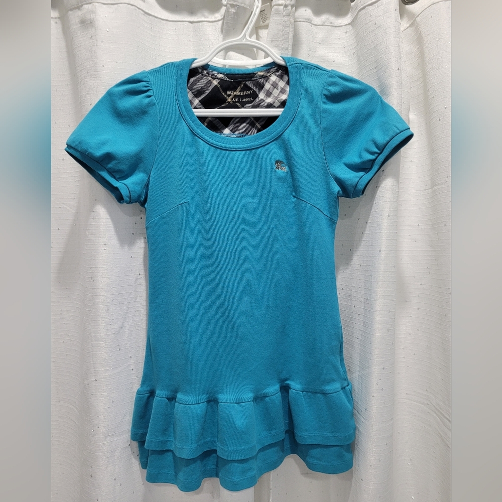 Burberry Kids BlueLabel Turquoise knit crewneck t-shirt dress with a flounce hem